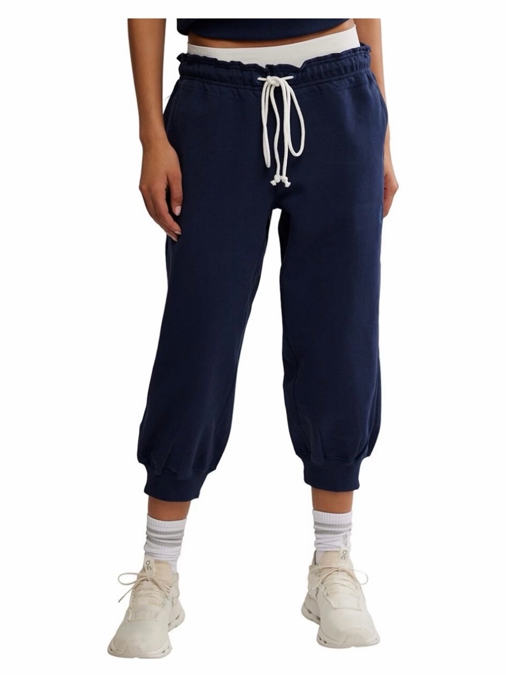 Free People Navy Cropped Drawstring Joggers with White Waist Tie